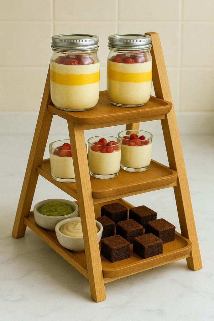 Manspdier stand holding mason jars, desserts, and dips on countertop