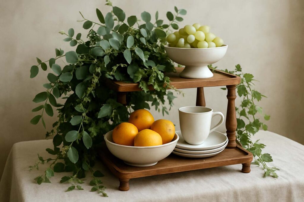 Manspdier tray stand styled with greenery, fruit, and ceramic dishes
