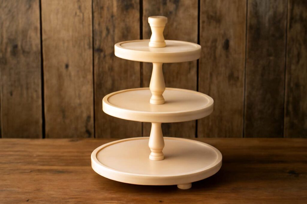 Maple wood tiered tray stand with sleek finish and fine grain