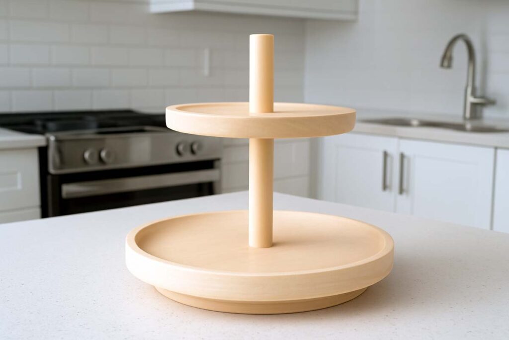 Finished maple wood tiered tray stand on kitchen countertop