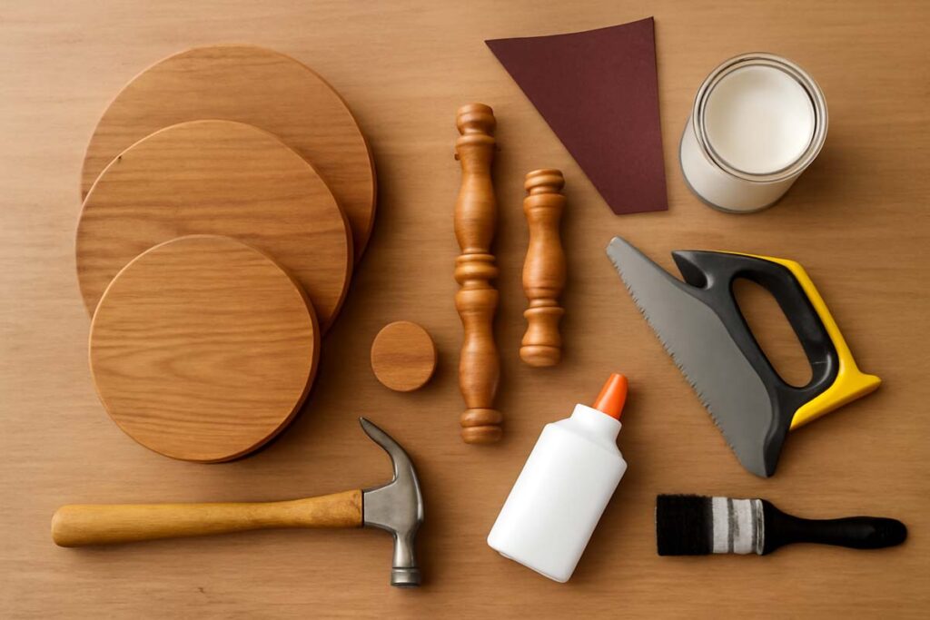 Materials for building a tiered tray stand including wood, dowels, and tools.