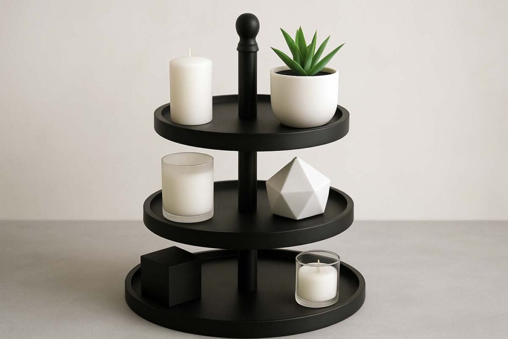 Minimalist 3 tier tray with simple, clean decor and neutral tones
