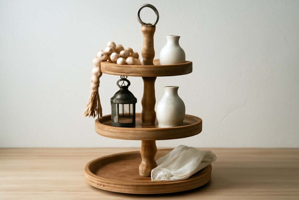 3 tier tray featuring a mix of wood, ceramic, metal, and fabric textures
