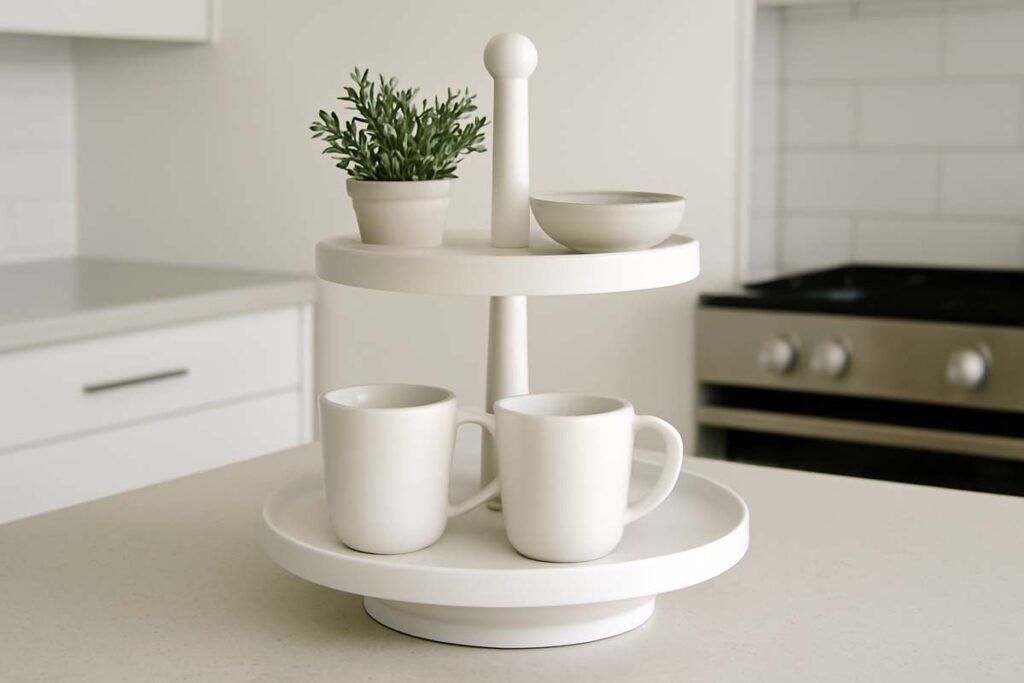 Minimalist 2-tier tray stand in a modern kitchen
