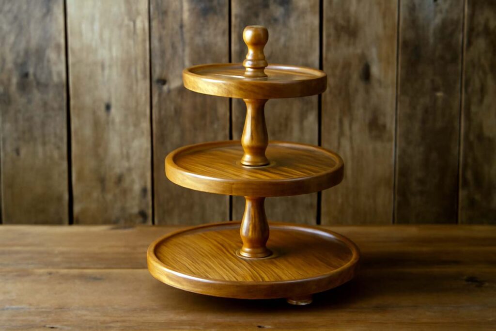 Oak wood tiered tray stand with polished finish and prominent grain pattern