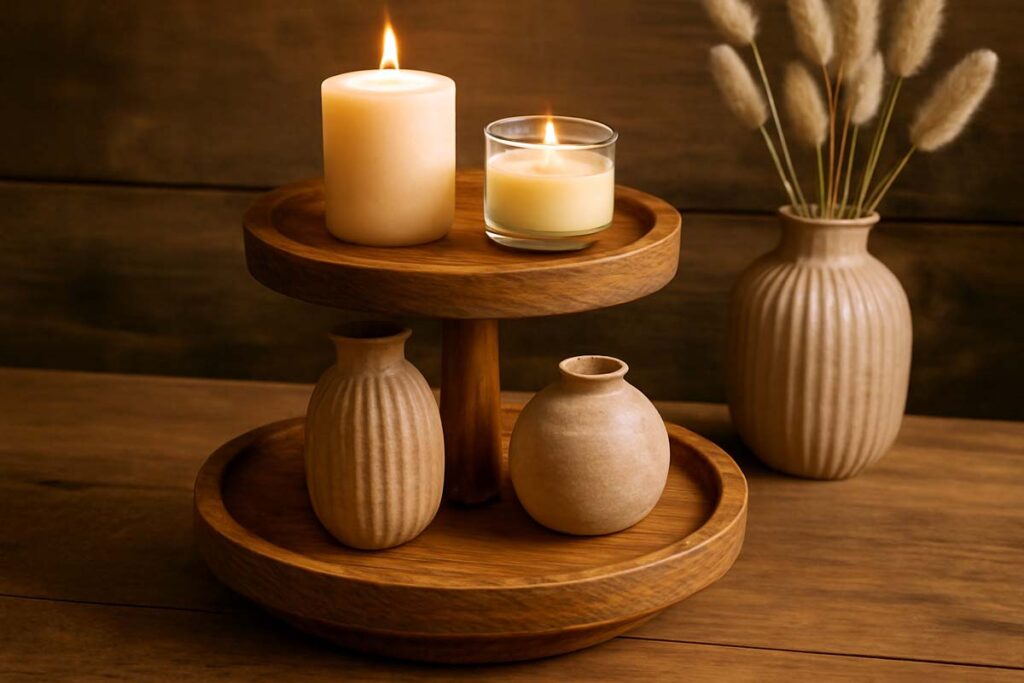Oak wood tiered tray stand with decorative items highlighting durability