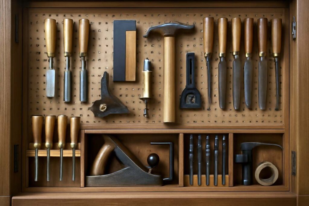 Neatly organized tool chest and pegboard with woodworking tools stored properly