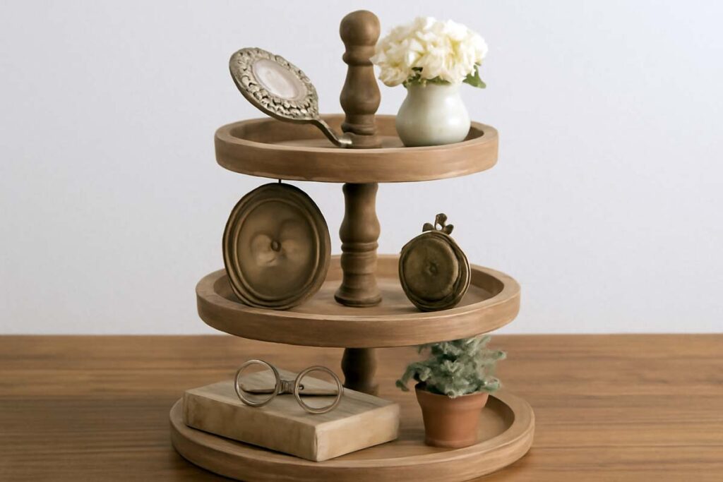 3 tier tray with personal items like vintage trinkets and family heirlooms