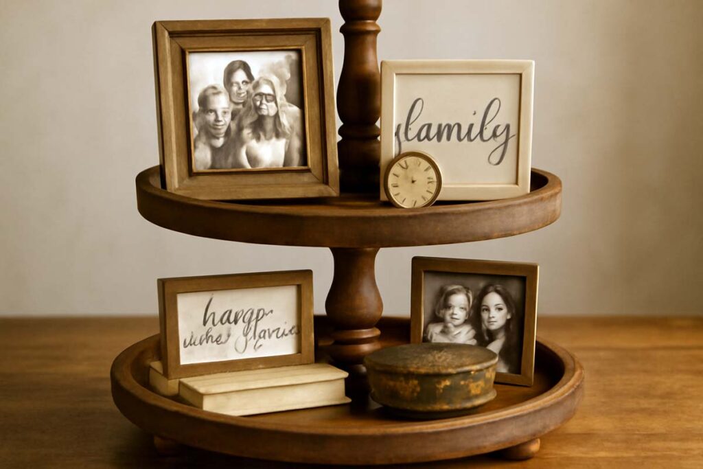 Tiered tray with personalized items like family photos, mini signs, and vintage trinkets.