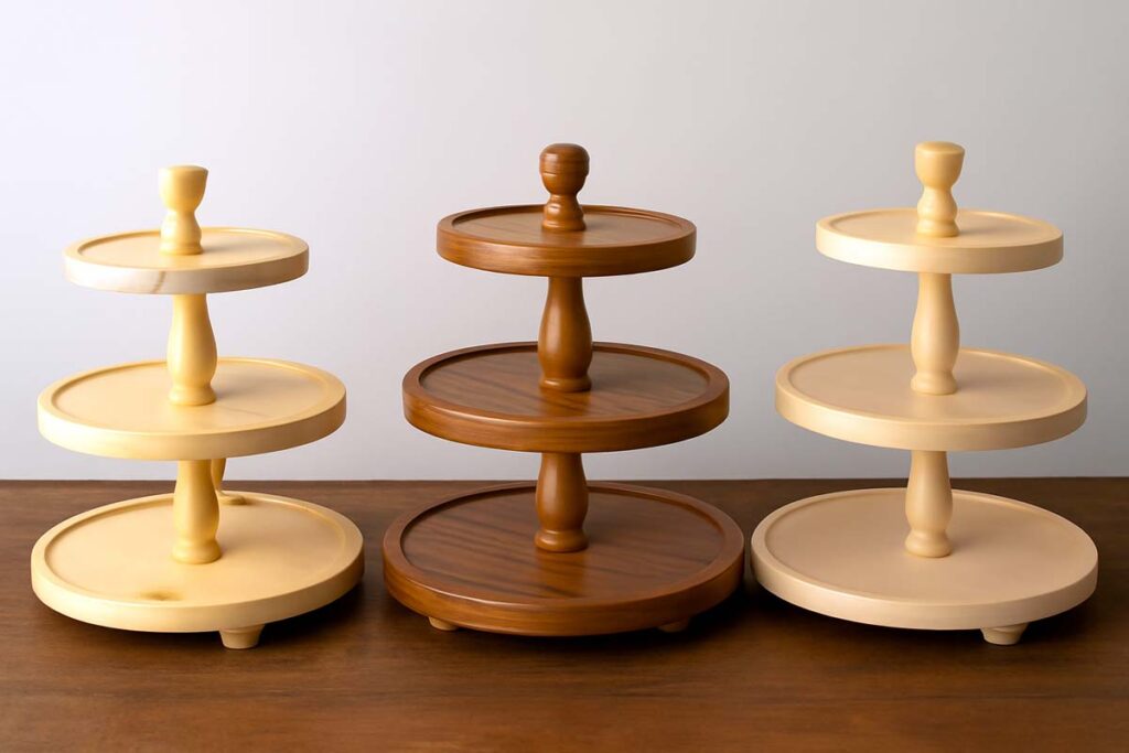 Comparison of pine, oak, and maple tiered tray stands side by side