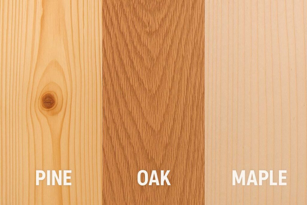 Close-up of pine, oak, and maple wood grains for tiered tray stand comparison