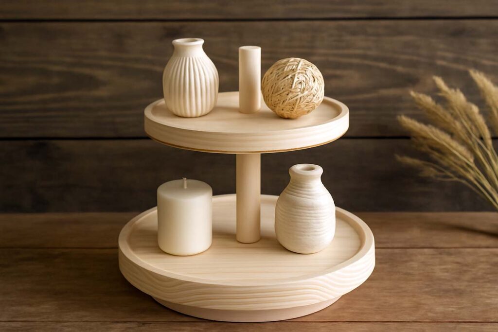 Affordable pine wood tiered tray stand in a rustic farmhouse setting