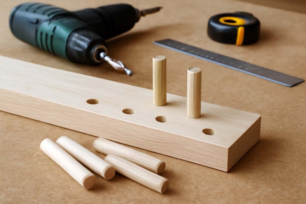A close up view of dowels and wood, with holes drilled to prepare for assembly of a 2 tier tray stand.