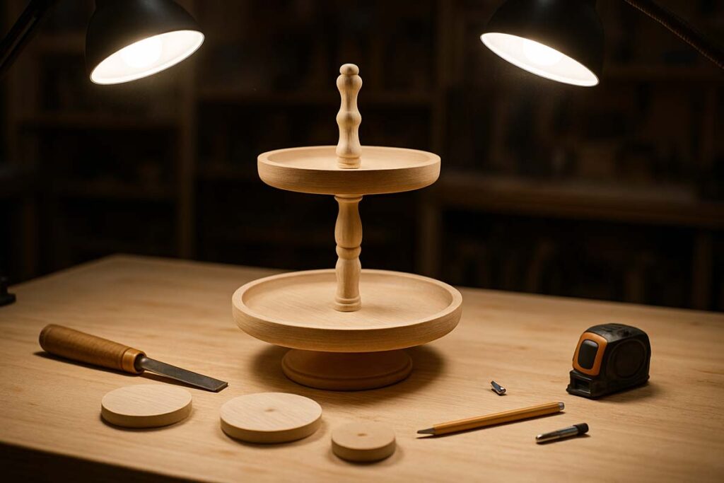 woodworking workspace with proper lighting for tray stand build