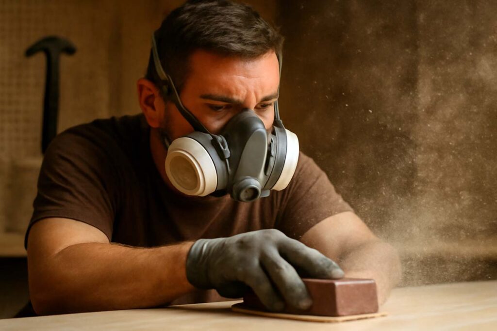 woodworker wearing respirator for dust protection