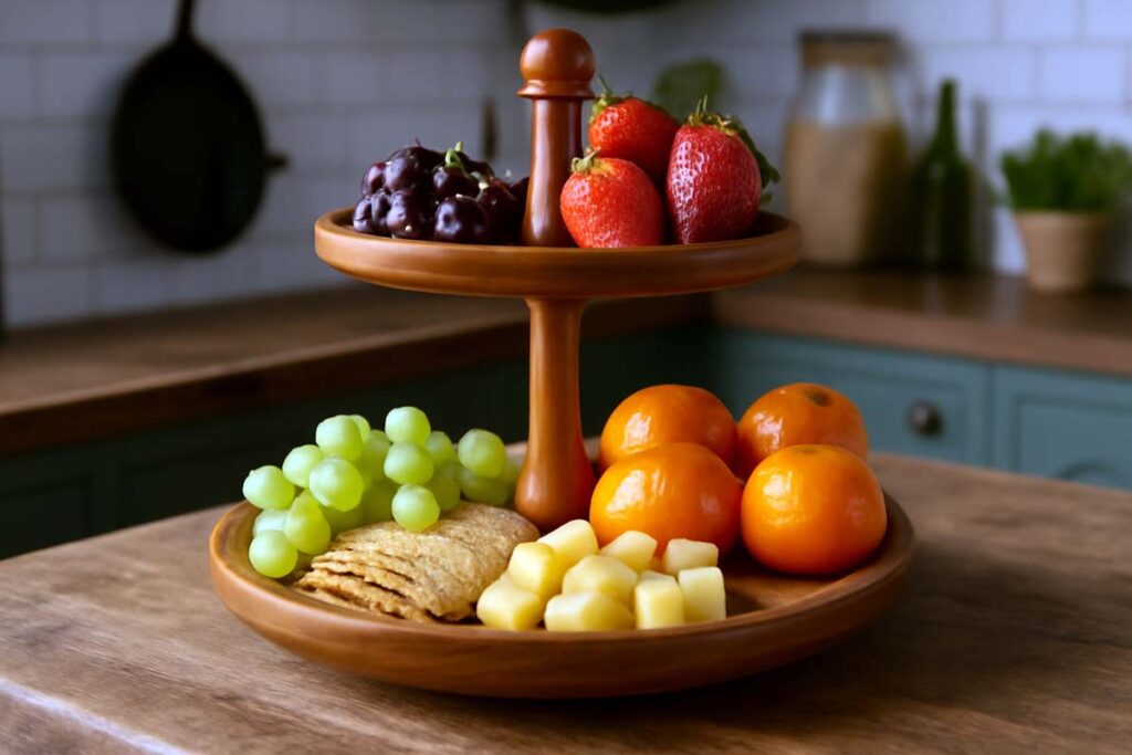 2-tier serving tray with fruits on rustic counter