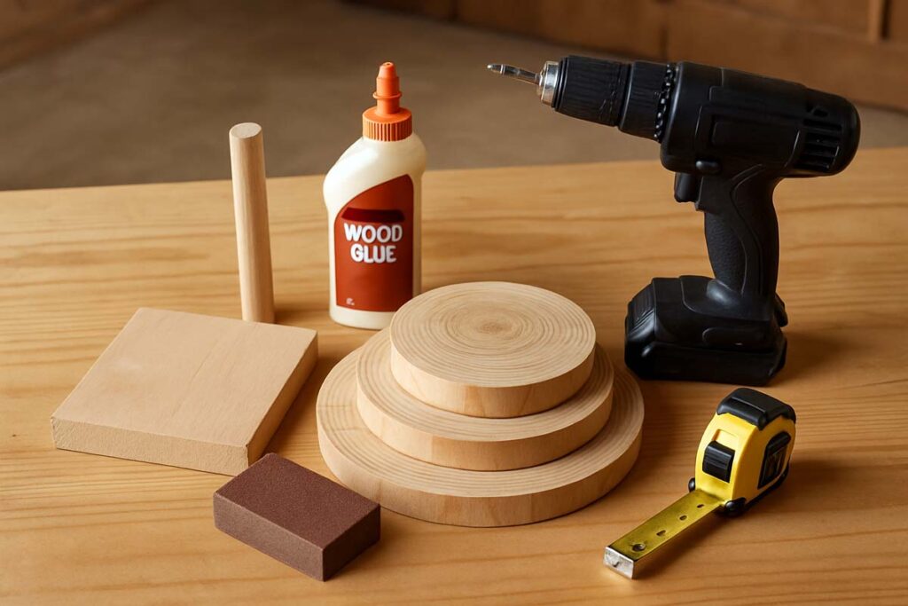 Materials for building a rustic tiered tray stand on a workbench