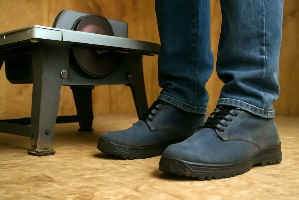woodworker wearing safety footwear during tray stand build