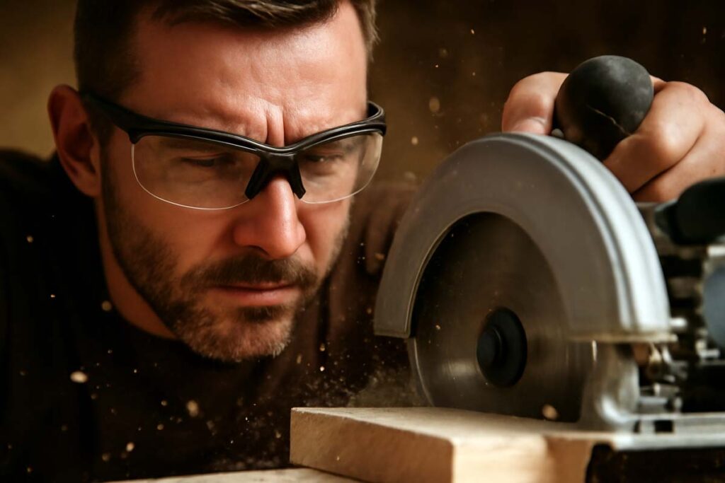 woodworker using safety glasses with power tools