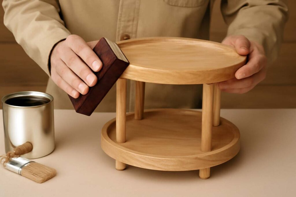A person sanding a wooden 2 tier tray stand before applying a stain finish.