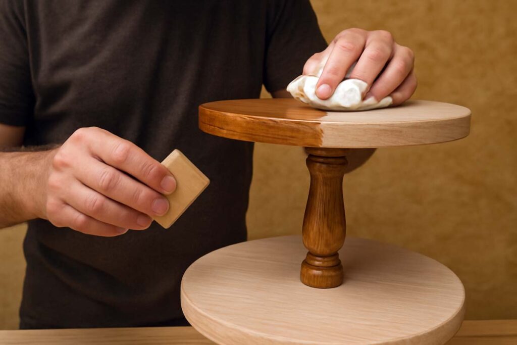 Sanding and finishing the 3 tier stand for a smooth surface