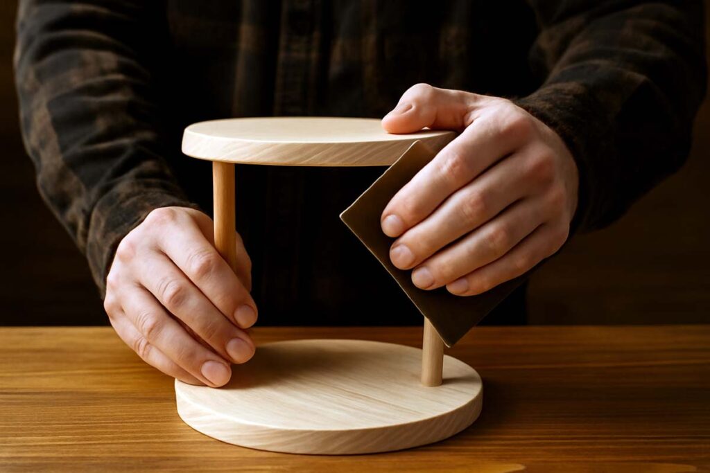 Sanding wood for a smooth finish on 2-tier tray