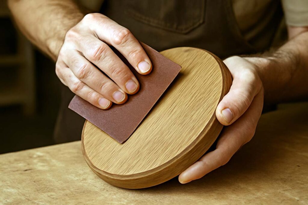 Sanding wooden tray for a smooth finish before assembly