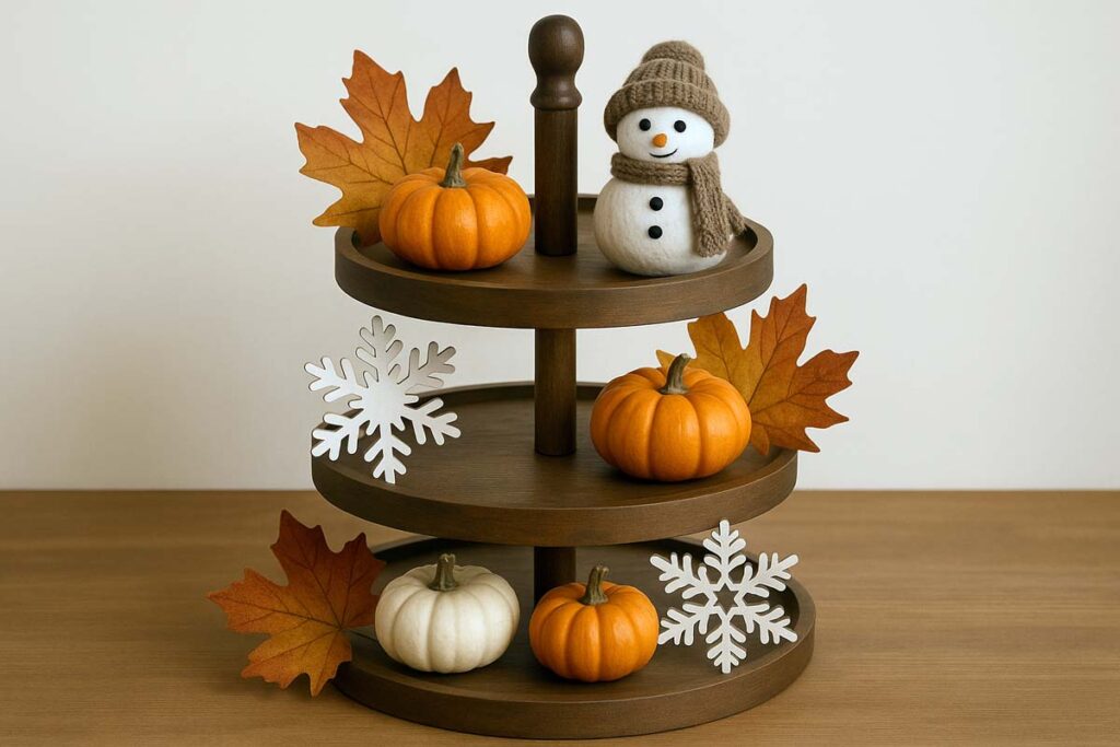 3 tier tray decorated for seasonal change with fall and winter decor