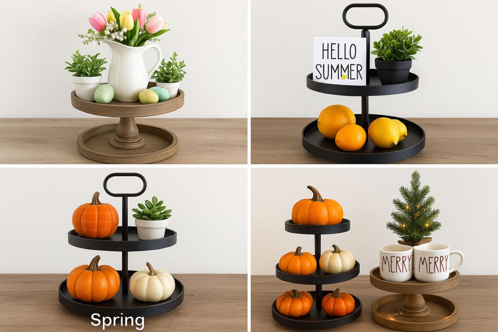 Seasonal tiered tray decor ideas for spring, fall, and holidays