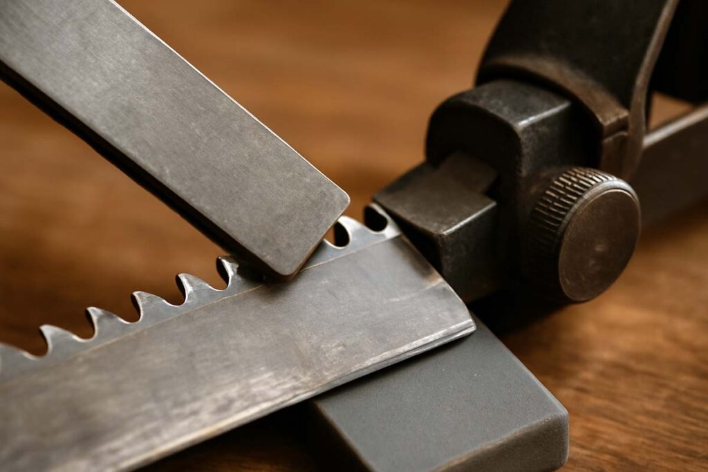 Close up of a woodworker sharpening a saw blade on a sharpening stone