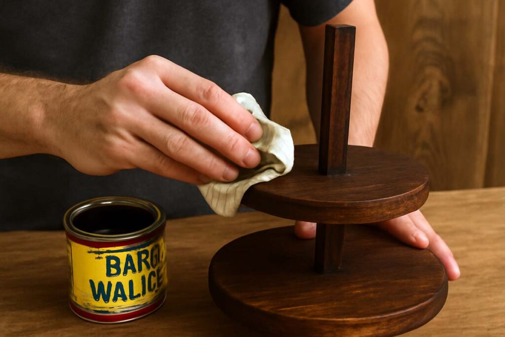 Applying stain to a rustic tiered tray stand for a distressed look.
