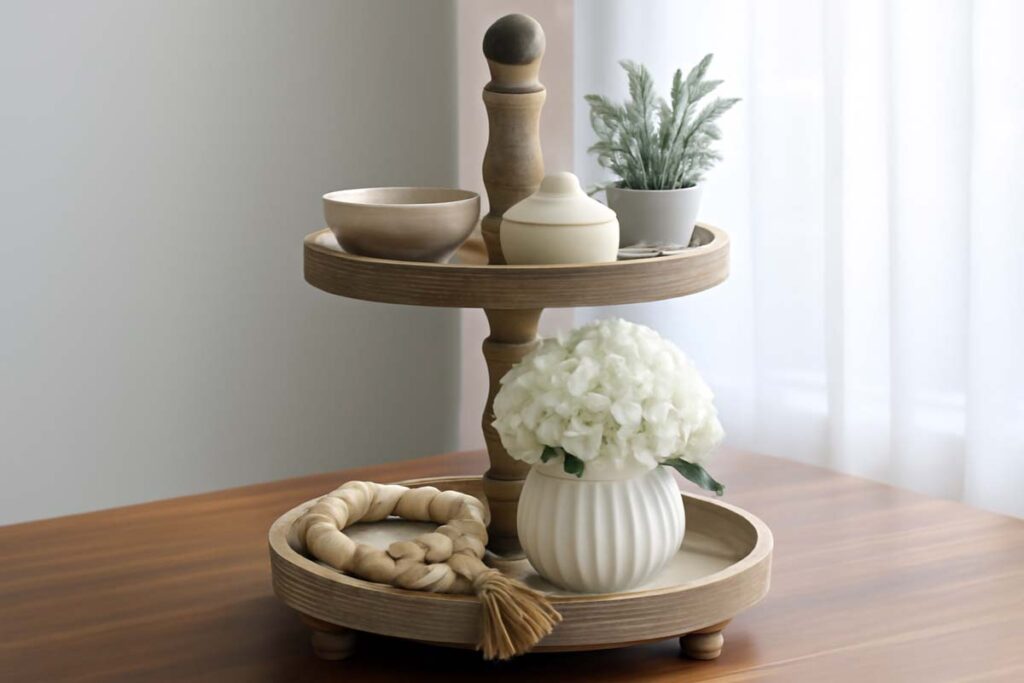 2 tier serving tray styled with a focal point candle holder