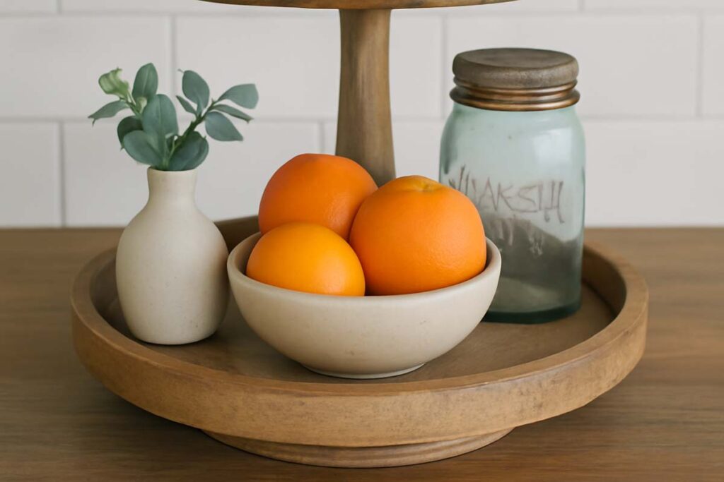 Well styled bottom tray of 2 tier stand with fruit and vase