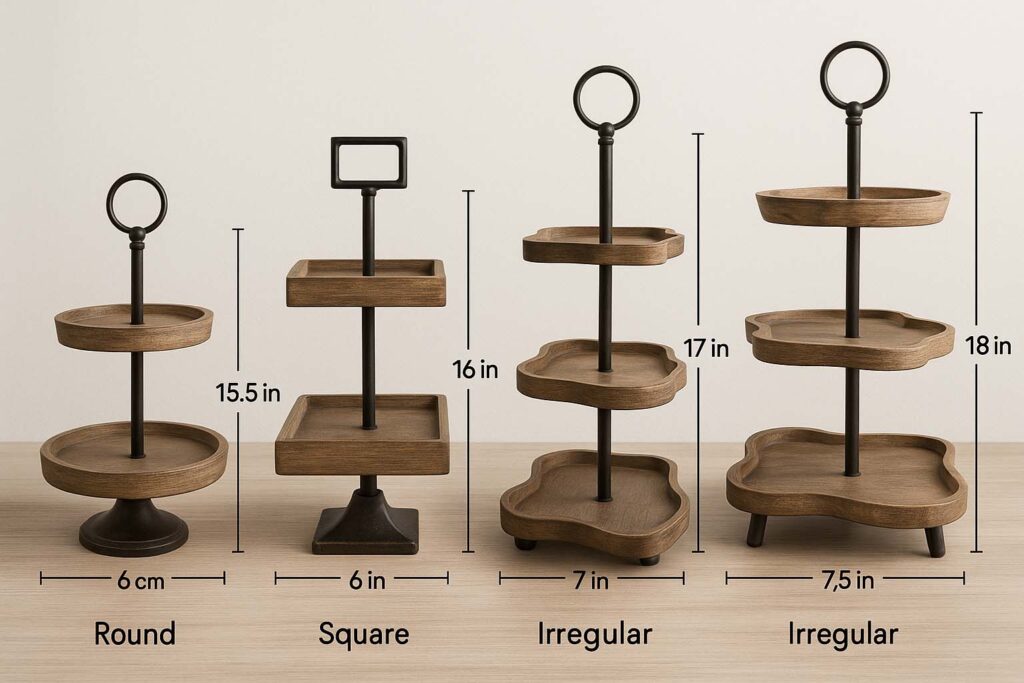 Different tiered tray stand designs with dimensions for guidance