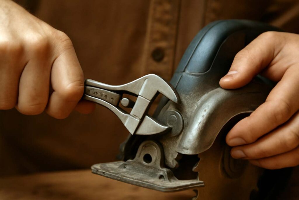 Woodworker tightening a bolt on a power tool to ensure proper function
