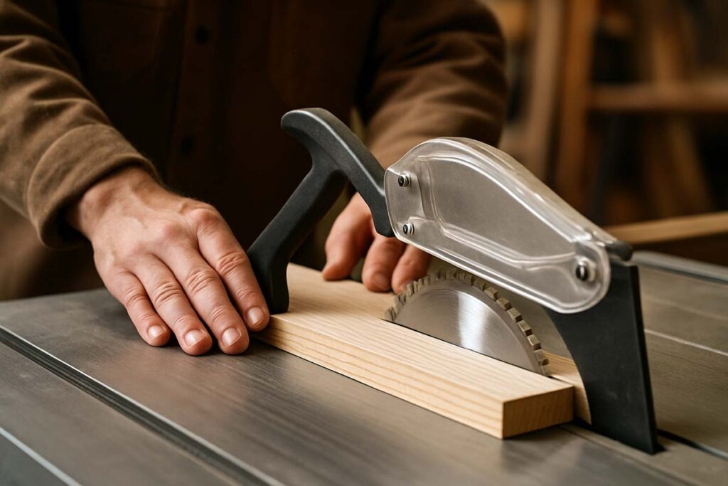 woodworker using table saw with safety gear