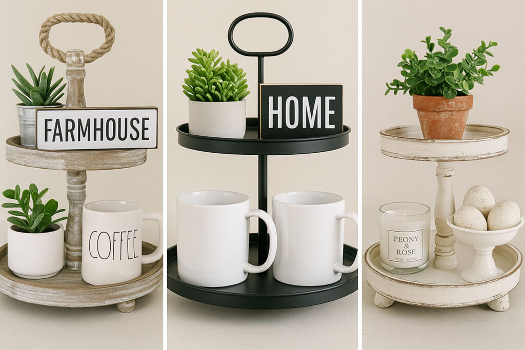 Tiered tray styled with farmhouse, modern, and vintage accents