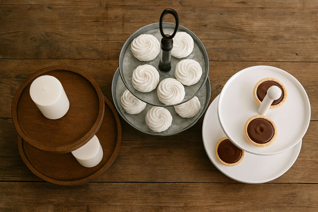 Wood, metal, and ceramic tiered trays shown on a rustic table