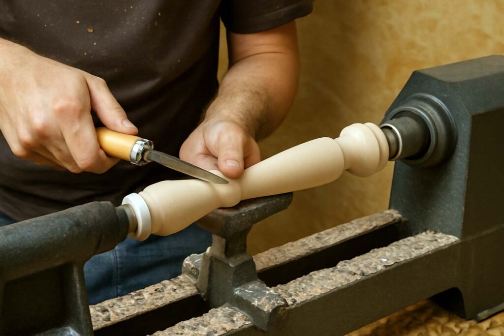 Woodworker turning a wooden leg on a lathe