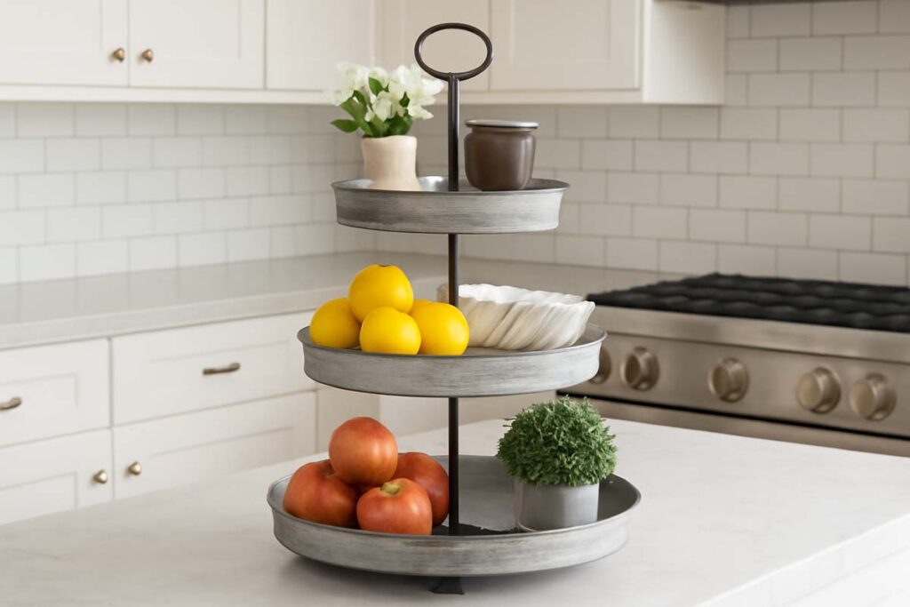 Versatile 3 tier tray on kitchen counter with functional and decorative items
