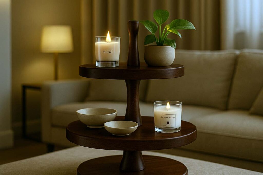 Elegant walnut wood tiered tray stand in a stylish living room