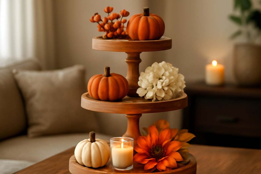 Tiered tray stand with seasonal decorations in a cozy home setting.