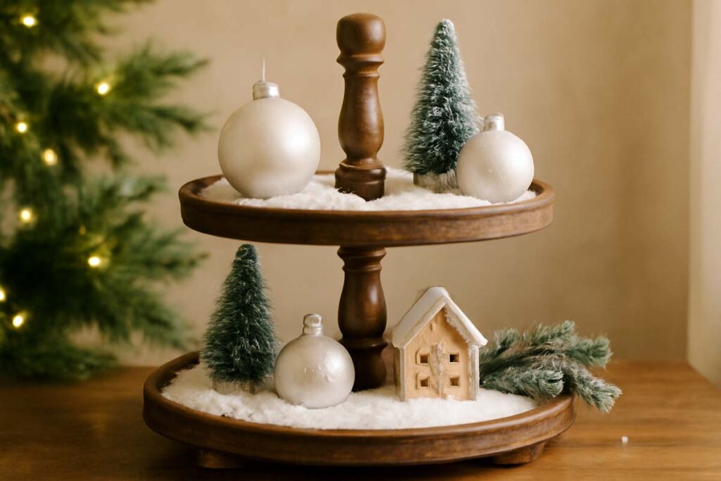 Winter-themed tiered tray decorated with ornaments, mini trees, and faux snow.