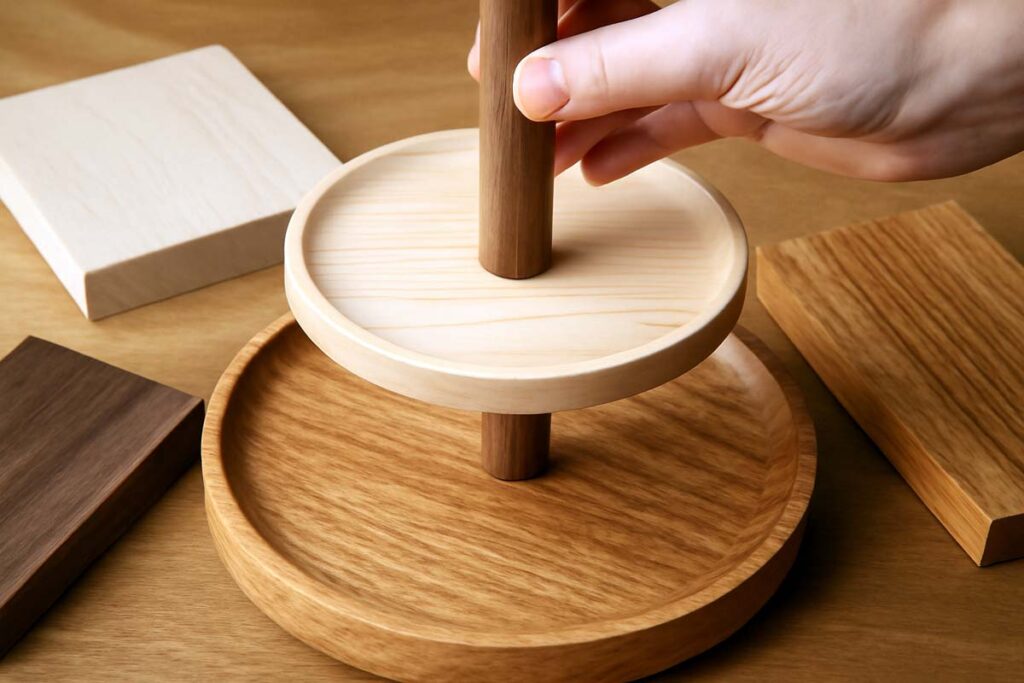 Different wood types for tiered tray stand assembly showing oak, maple, and walnut