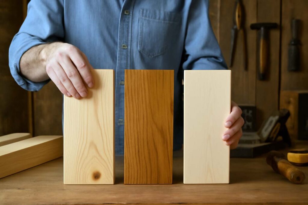 Woodworker selecting between pine, oak, and maple for tiered tray stand