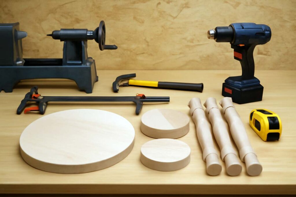 Materials and tools for making a turned leg 3 tier stand