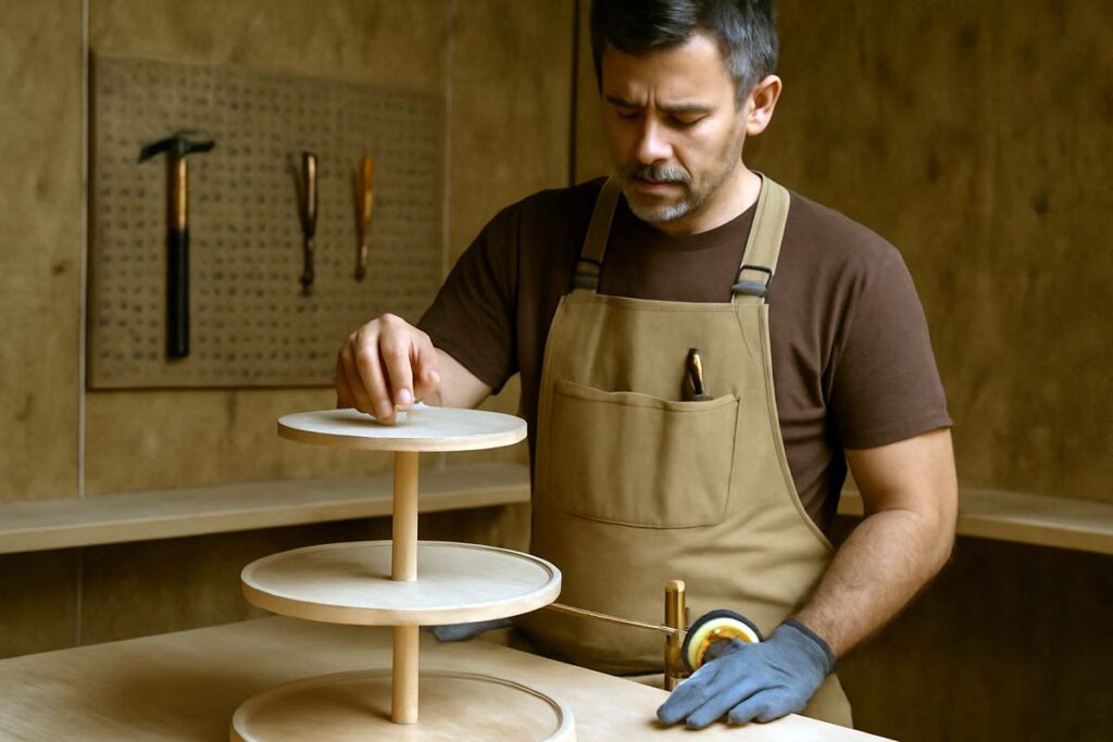 woodworker wearing work apron with tools at workbench