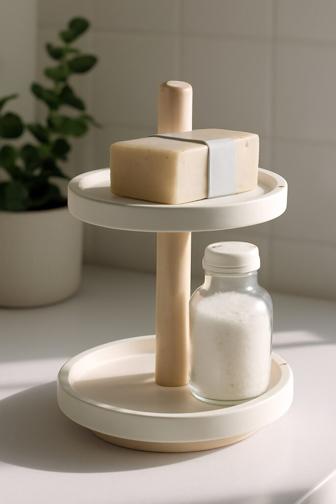 Birchwood tray stand with handmade soap and bath salts