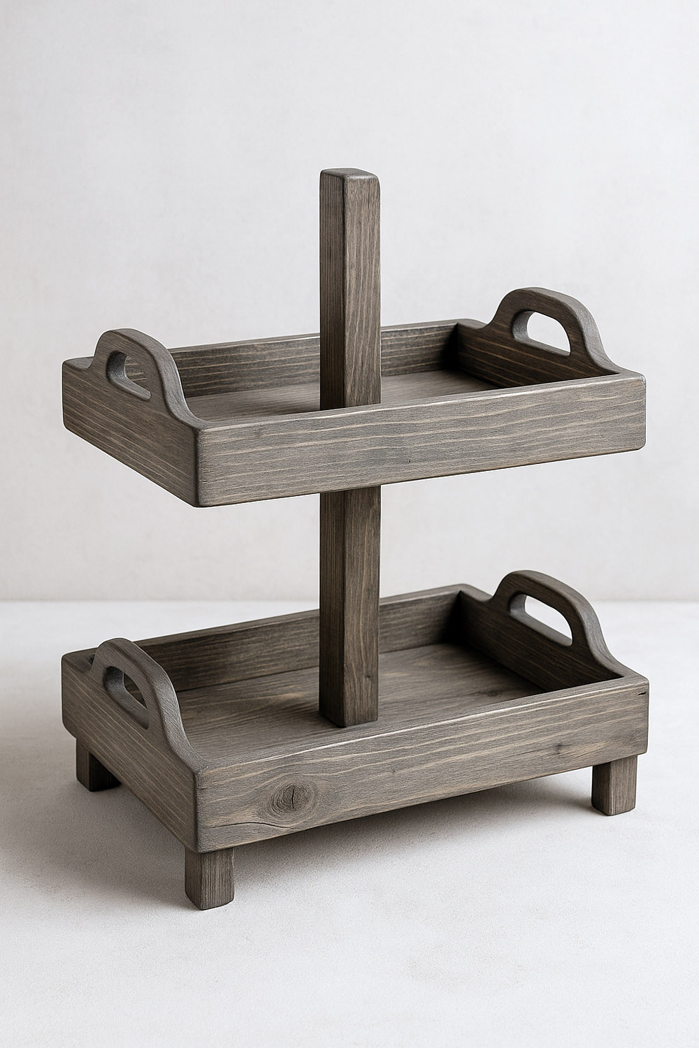 Weathered grey 2-tier rectangle tray stand with rustic finish