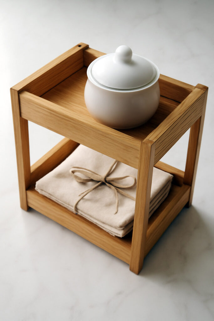 Oak two-tier tray stand with sugar bowl and napkins